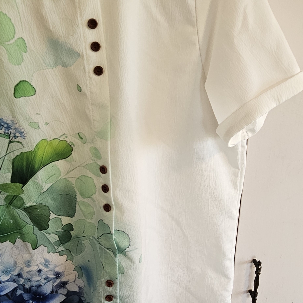 Floral Print Women's Top - Off White and Green Size XL - Picture 4 of 6